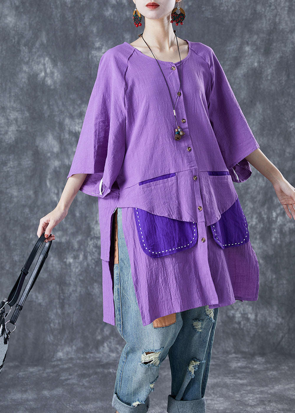 Women Purple Oversized Patchwork Cotton Shirt Summer LY5697 - fabuloryshop
