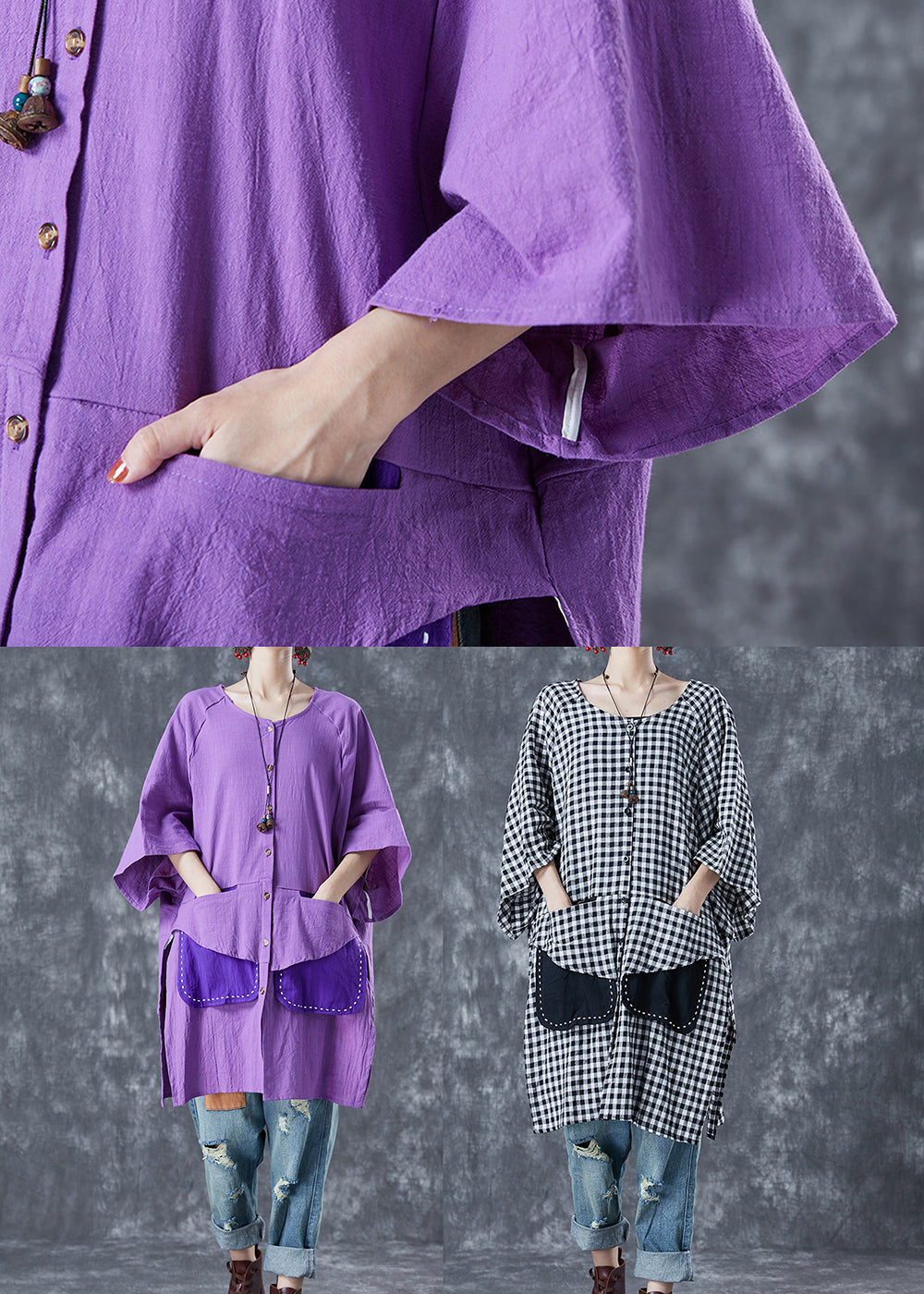 Women Purple Oversized Patchwork Cotton Shirt Summer LY5697 - fabuloryshop