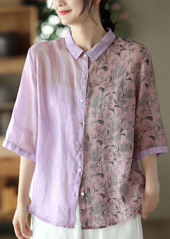 Women Purple Peter Pan Collar Print Button Patchwork Linen Tops Summer Ada Fashion