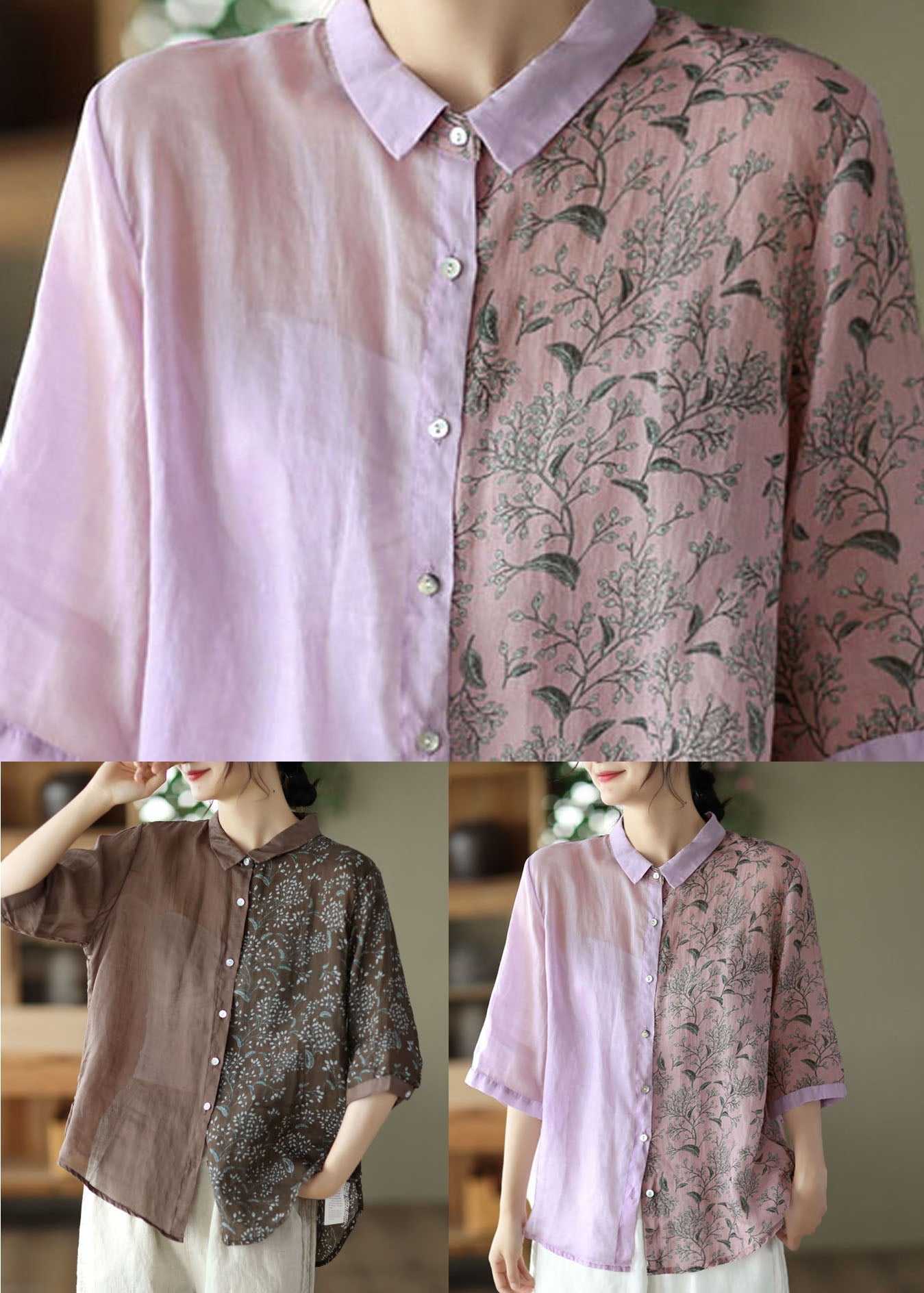 Women Purple Peter Pan Collar Print Button Patchwork Linen Tops Summer Ada Fashion