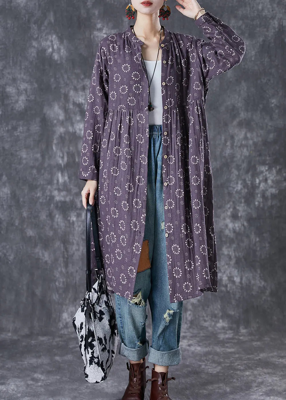 Women Purple Print Button Down Cotton Dresses Fall Ada Fashion