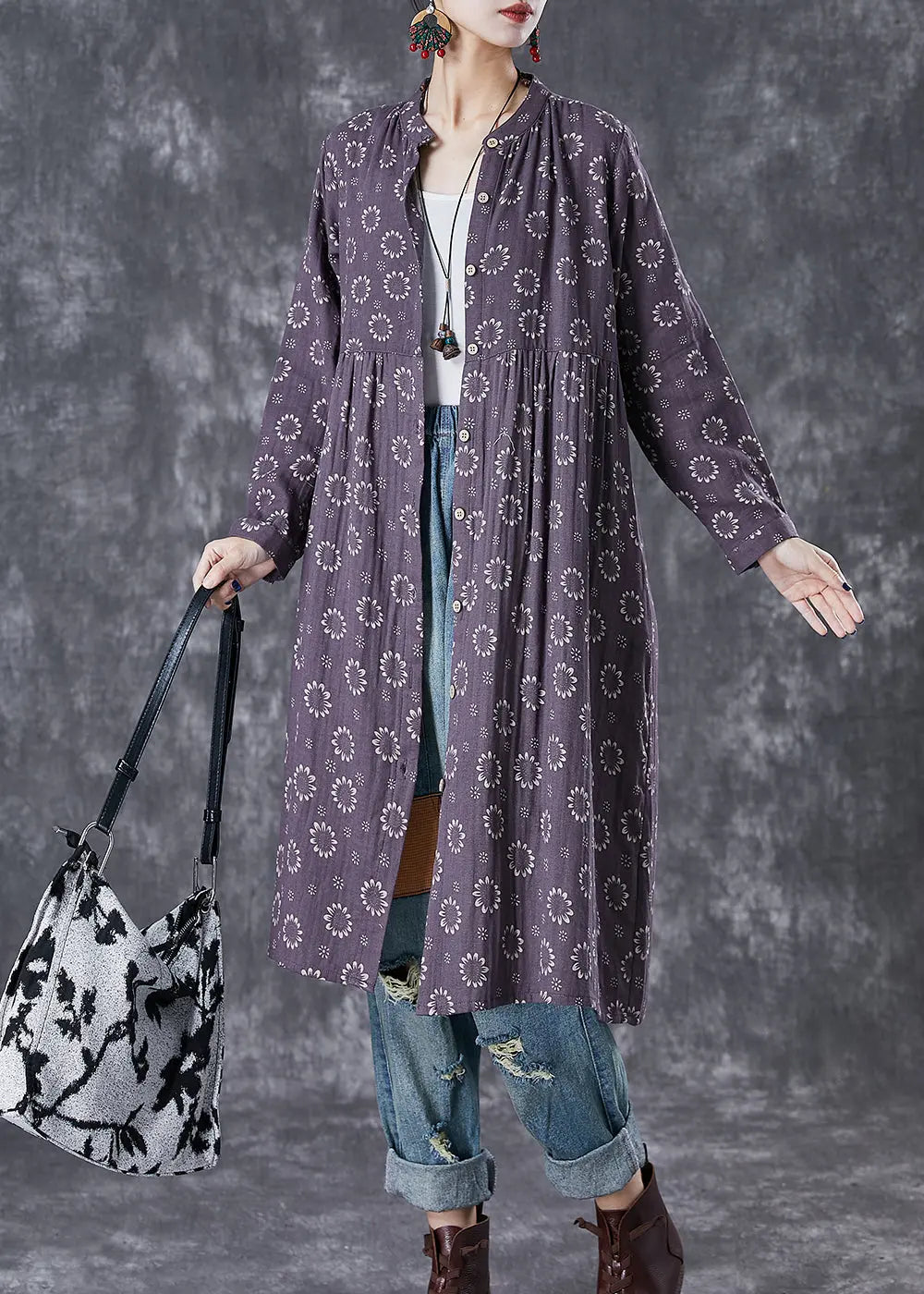 Women Purple Print Button Down Cotton Dresses Fall Ada Fashion