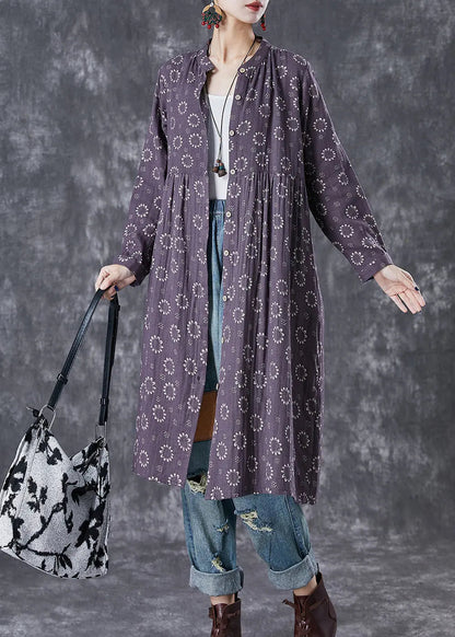 Women Purple Print Button Down Cotton Dresses Fall Ada Fashion