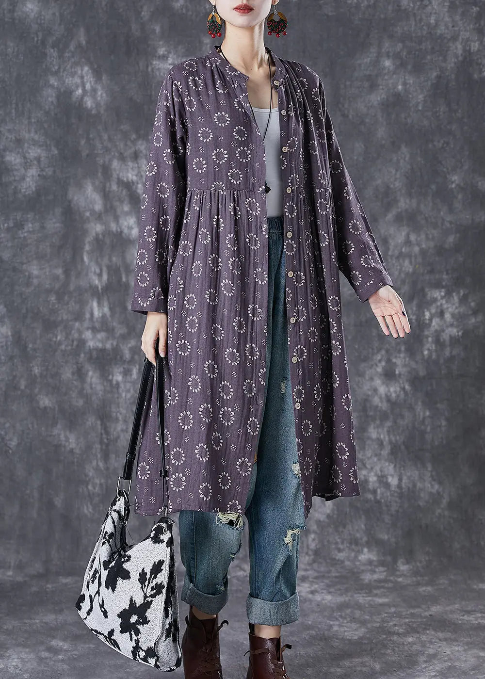 Women Purple Print Button Down Cotton Dresses Fall Ada Fashion