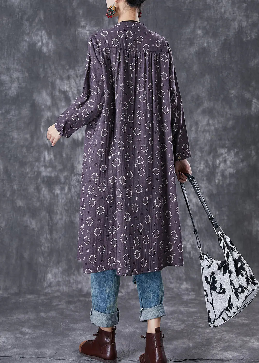 Women Purple Print Button Down Cotton Dresses Fall Ada Fashion