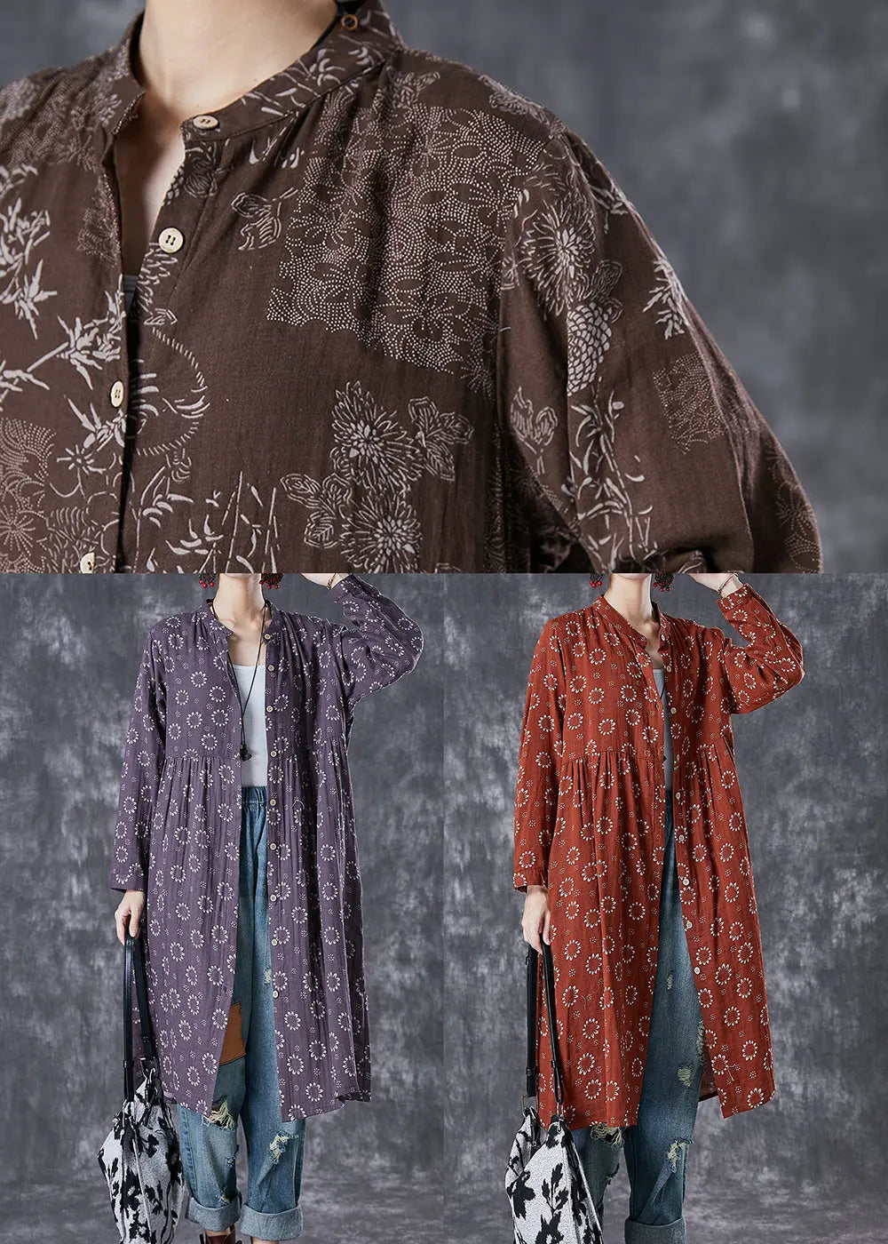 Women Purple Print Button Down Cotton Dresses Fall Ada Fashion