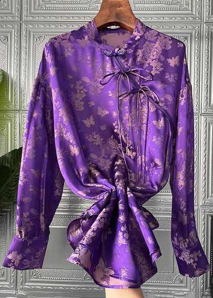 Women Purple Print Lace Up Patchwork Silk Shirts Long Sleeve Ada Fashion