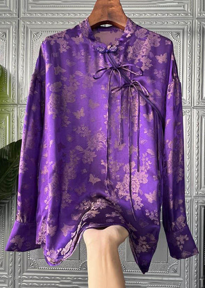 Women Purple Print Lace Up Patchwork Silk Shirts Long Sleeve Ada Fashion