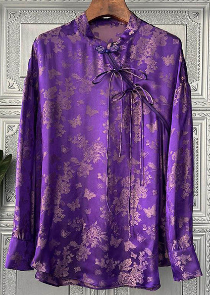 Women Purple Print Lace Up Patchwork Silk Shirts Long Sleeve Ada Fashion