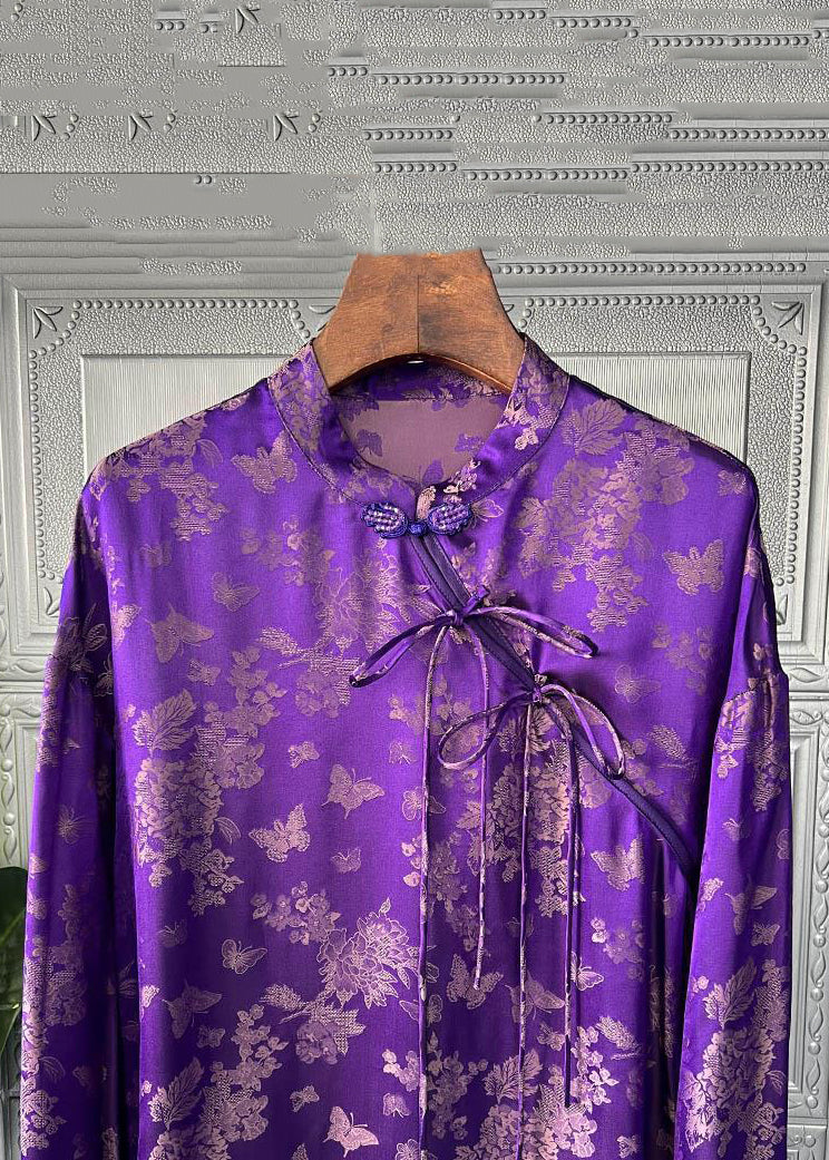 Women Purple Print Lace Up Patchwork Silk Shirts Long Sleeve Ada Fashion