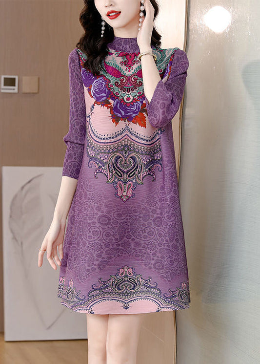 Women Purple Stand Collar Print Wrinkled Holiday Dress Bracelet Sleeve LY2721