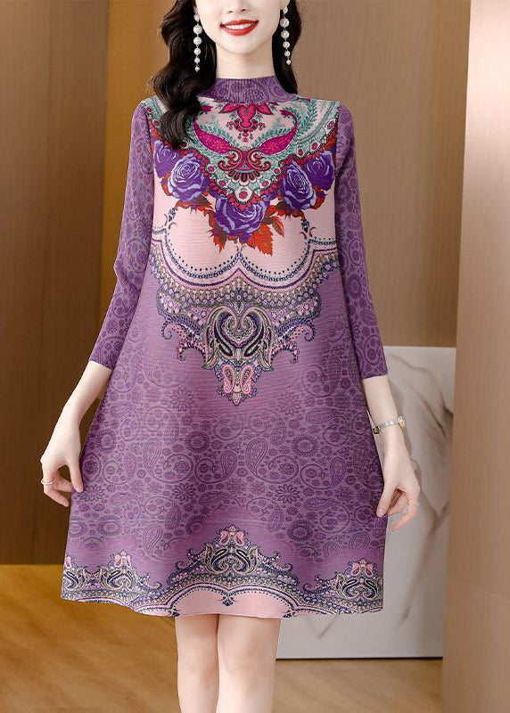 Women Purple Stand Collar Print Wrinkled Holiday Dress Bracelet Sleeve LY2721