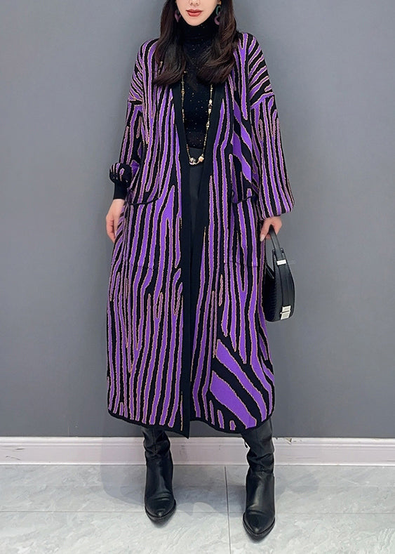 Women Purple Striped Pockets Patchwork Knit Long Cardigan Fall Ada Fashion