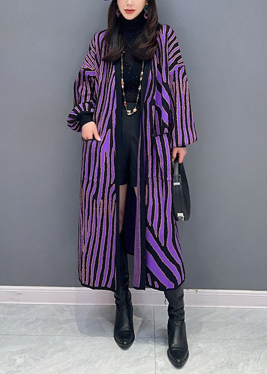 Women Purple Striped Pockets Patchwork Knit Long Cardigan Fall Ada Fashion