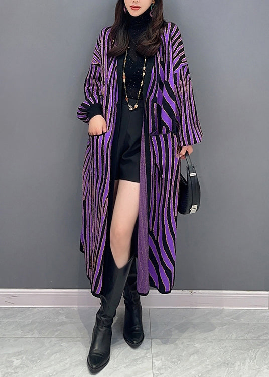 Women Purple Striped Pockets Patchwork Knit Long Cardigan Fall Ada Fashion