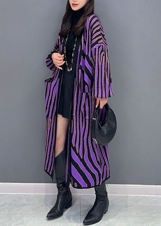 Women Purple Striped Pockets Patchwork Knit Long Cardigan Fall Ada Fashion