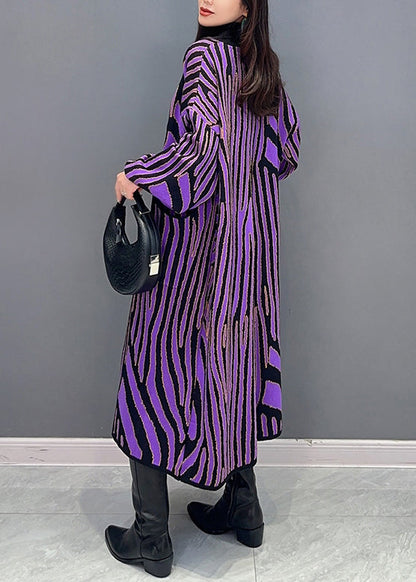 Women Purple Striped Pockets Patchwork Knit Long Cardigan Fall Ada Fashion