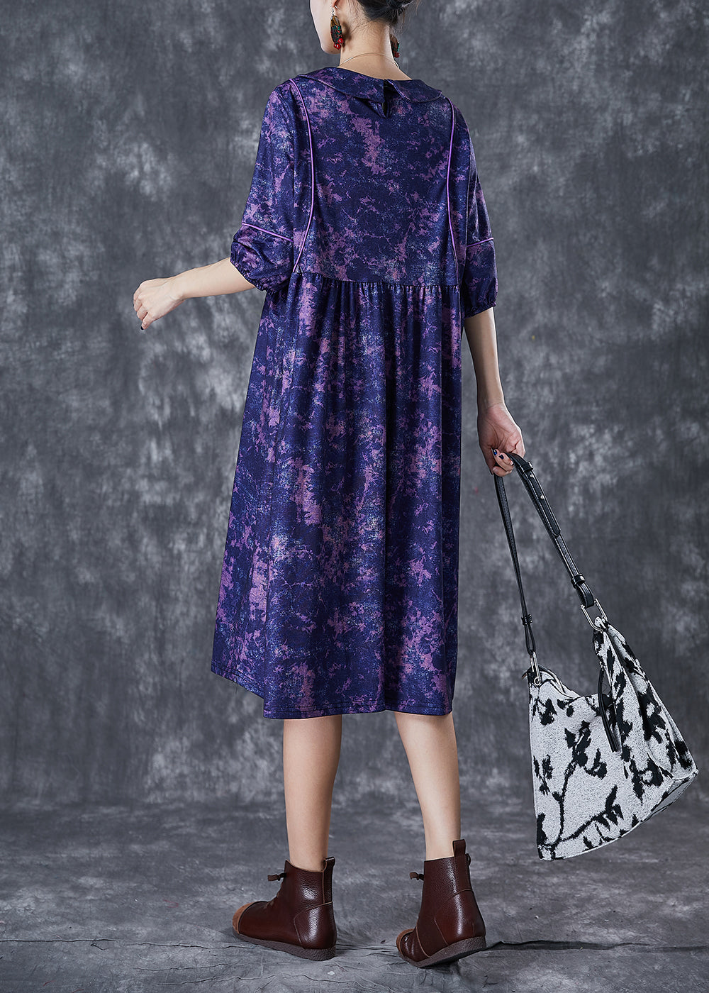 Women Purple Tie Dye Exra Large Hem Cotton Maxi Dresses Half Sleeve Ada Fashion