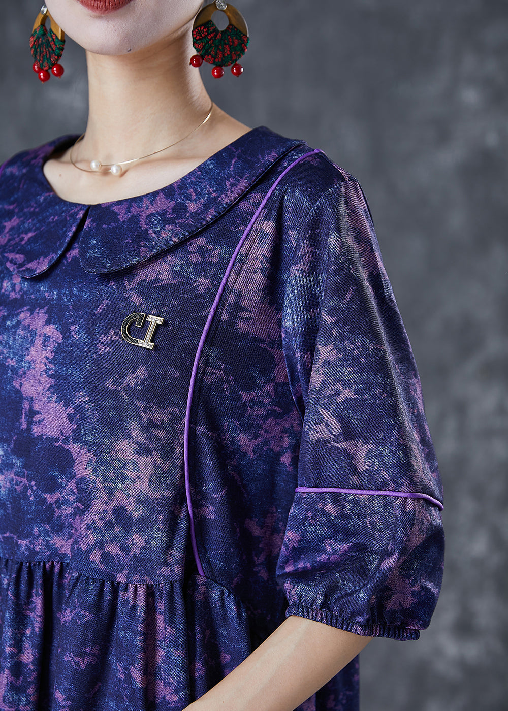 Women Purple Tie Dye Exra Large Hem Cotton Maxi Dresses Half Sleeve Ada Fashion