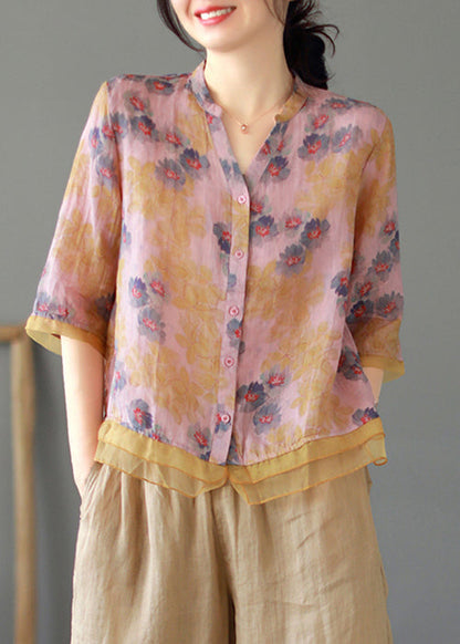 Women Purple V Neck Button Patchwork Linen Shirt Tops Summer Ada Fashion