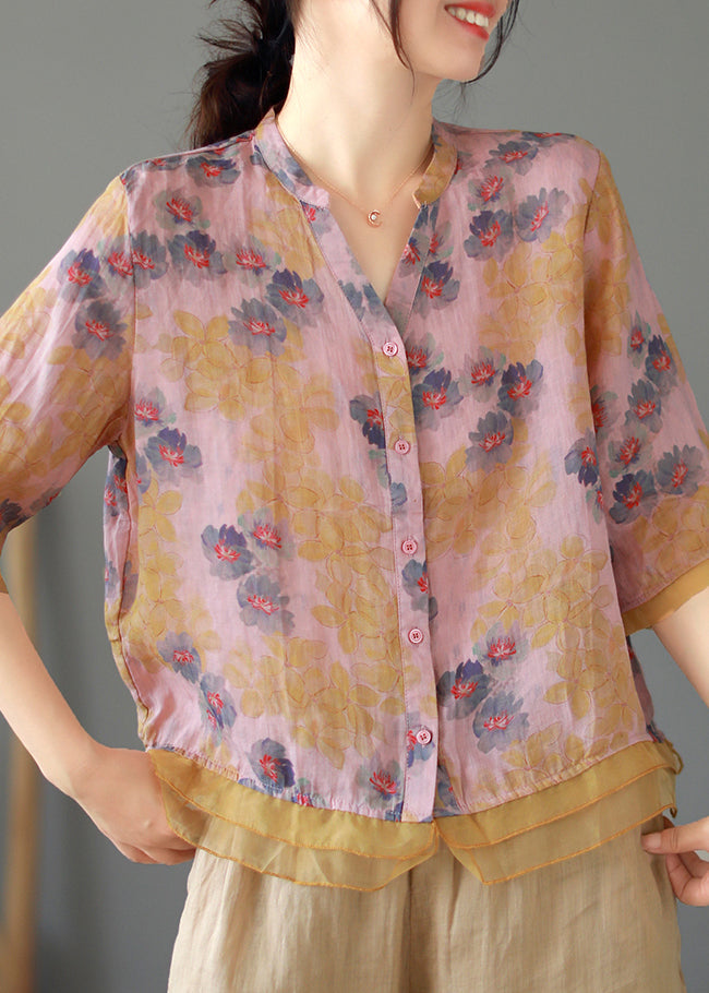 Women Purple V Neck Button Patchwork Linen Shirt Tops Summer Ada Fashion