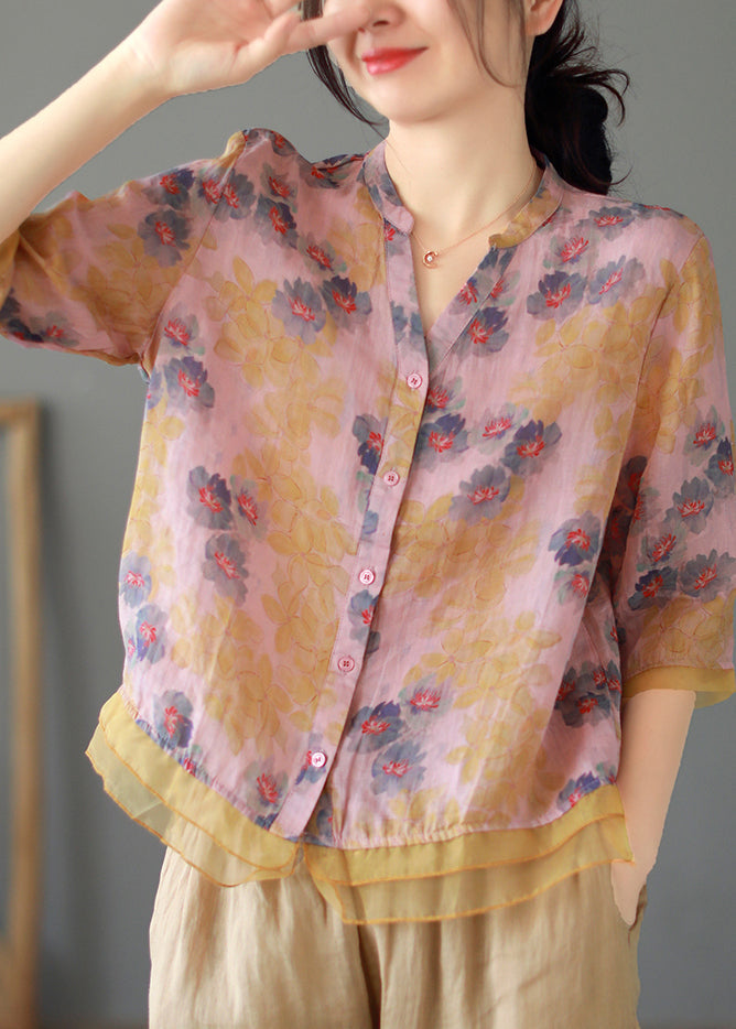 Women Purple V Neck Button Patchwork Linen Shirt Tops Summer Ada Fashion