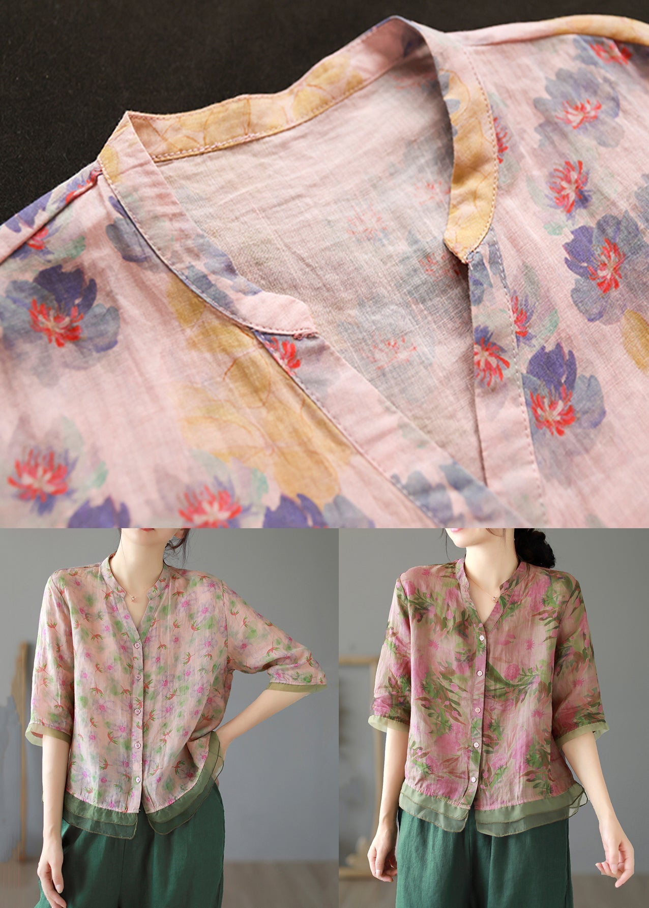 Women Purple V Neck Button Patchwork Linen Shirt Tops Summer Ada Fashion