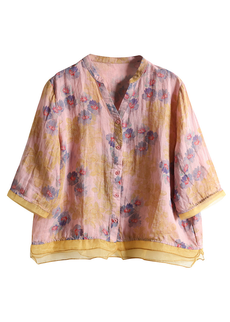 Women Purple V Neck Button Patchwork Linen Shirt Tops Summer Ada Fashion