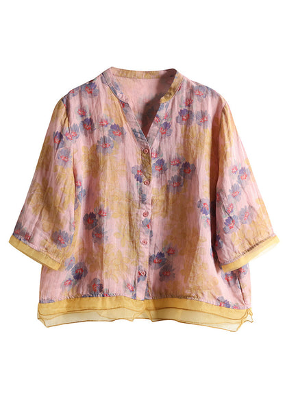 Women Purple V Neck Button Patchwork Linen Shirt Tops Summer Ada Fashion