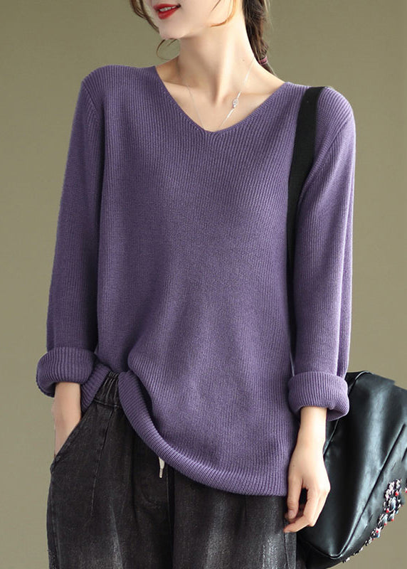 Women Purple V Neck Patchwork Knitting Cotton Tops Long Sleeve Ada Fashion