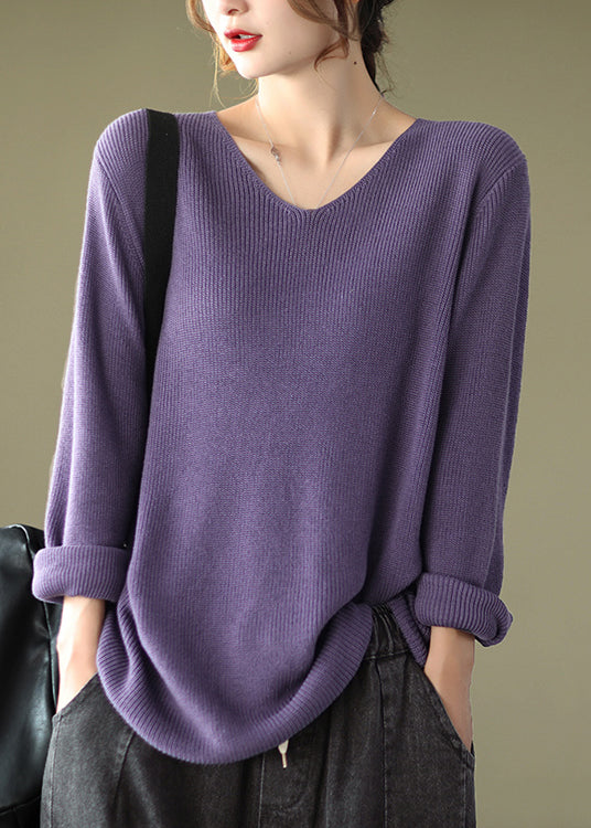 Women Purple V Neck Patchwork Knitting Cotton Tops Long Sleeve Ada Fashion