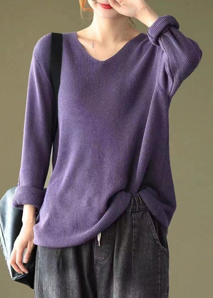 Women Purple V Neck Patchwork Knitting Cotton Tops Long Sleeve Ada Fashion