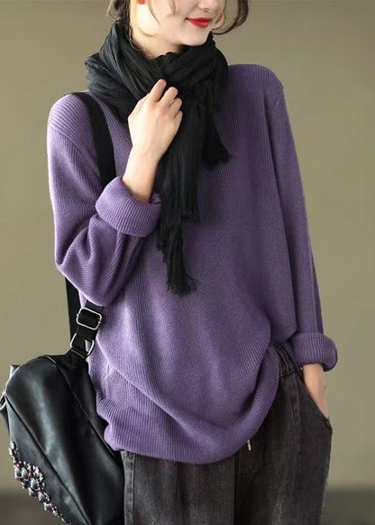 Women Purple V Neck Patchwork Knitting Cotton Tops Long Sleeve Ada Fashion