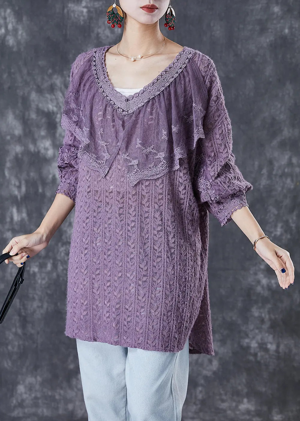 Women Purple V Neck Patchwork Lace Shirts Fall Ada Fashion