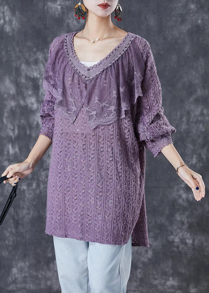 Women Purple V Neck Patchwork Lace Shirts Fall Ada Fashion