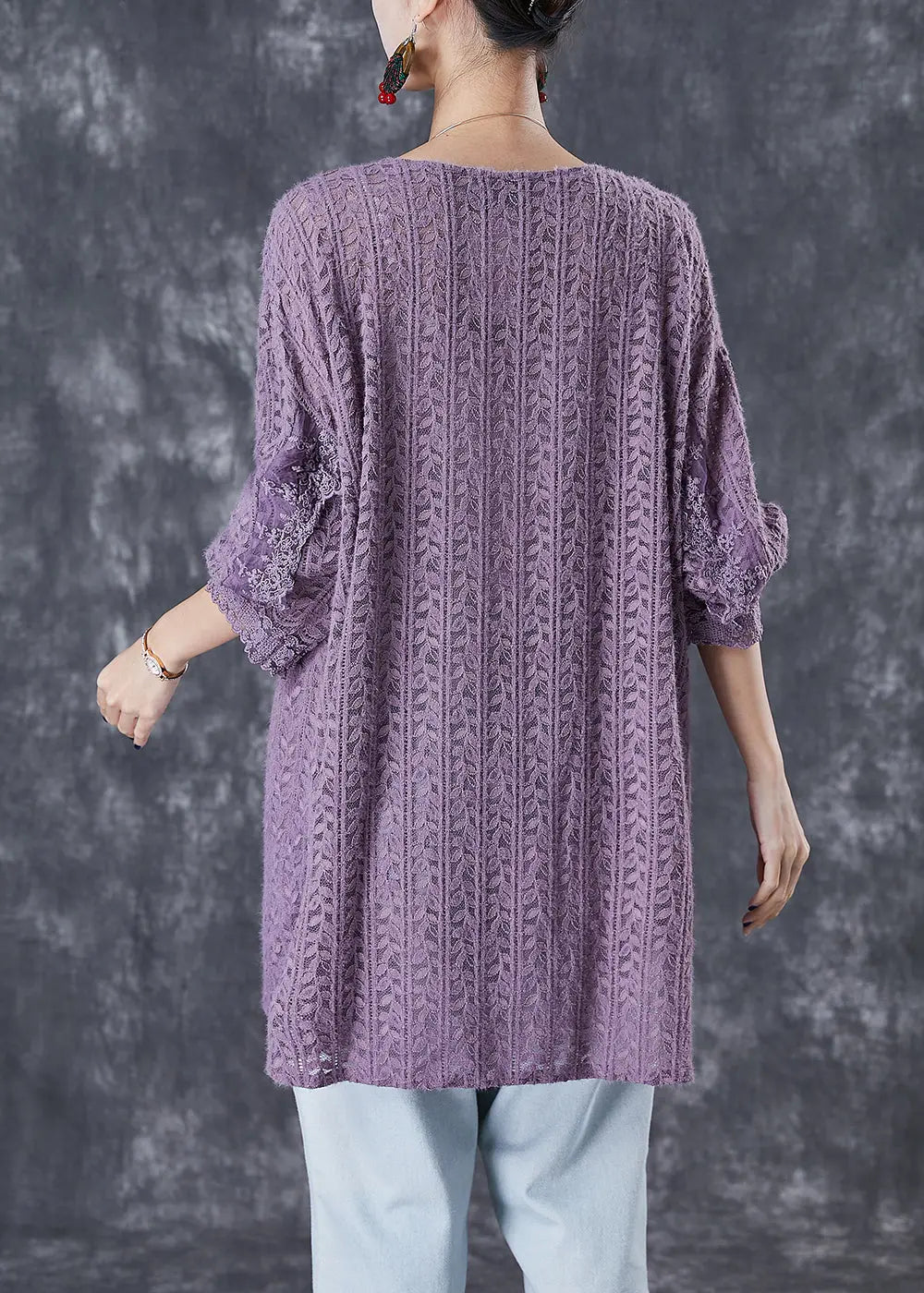 Women Purple V Neck Patchwork Lace Shirts Fall Ada Fashion