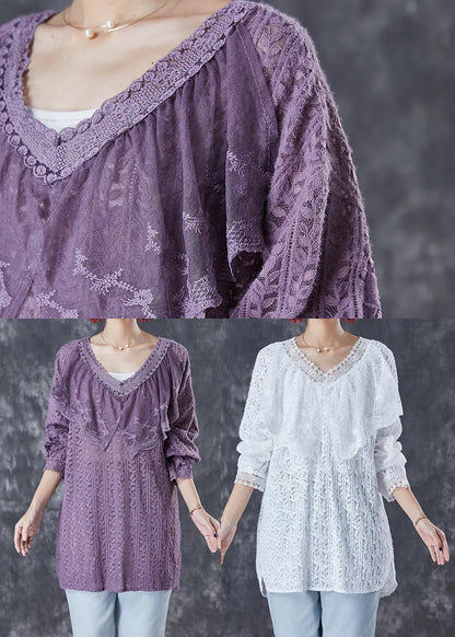 Women Purple V Neck Patchwork Lace Shirts Fall Ada Fashion