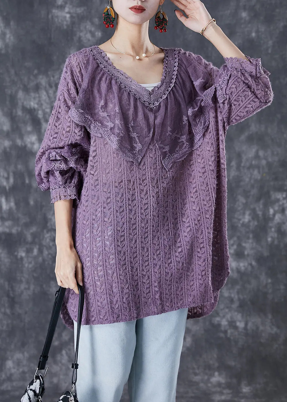 Women Purple V Neck Patchwork Lace Shirts Fall Ada Fashion