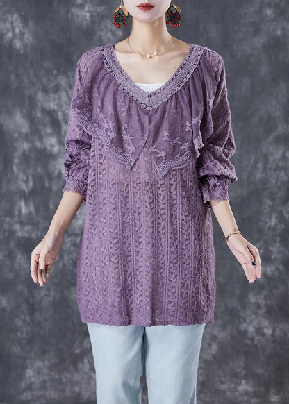 Women Purple V Neck Patchwork Lace Shirts Fall Ada Fashion