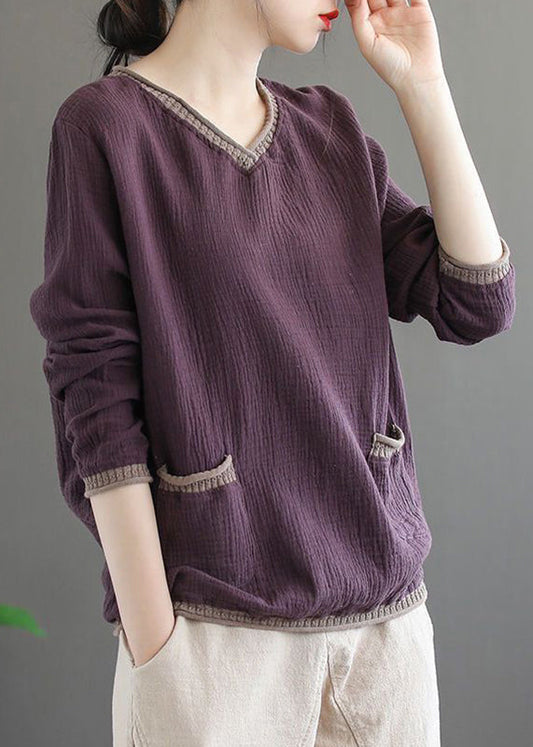 Women Purple V Neck Pockets Patchwork Cotton Top Fall Ada Fashion