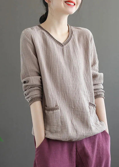 Women Purple V Neck Pockets Patchwork Cotton Top Fall Ada Fashion