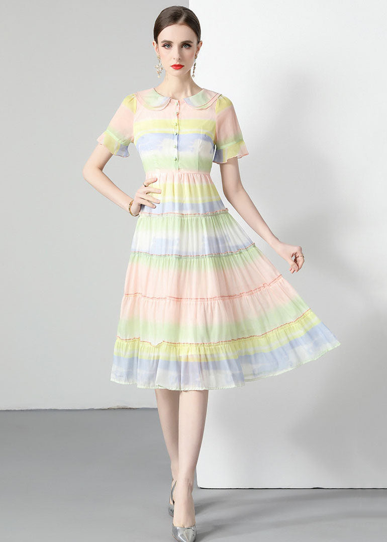 Women Rainbow Ruffled Button Patchwork Chiffon Dresses Summer LY7381 - fabuloryshop