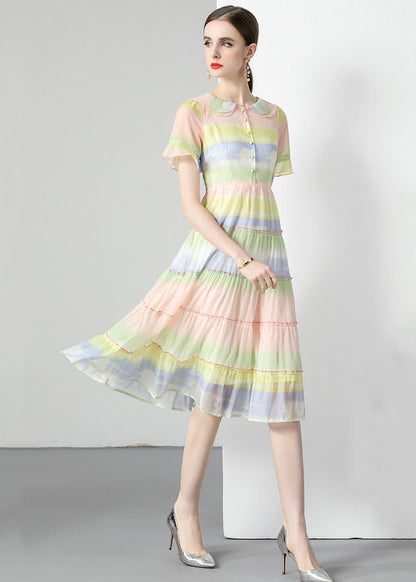 Women Rainbow Ruffled Button Patchwork Chiffon Dresses Summer LY7381 - fabuloryshop