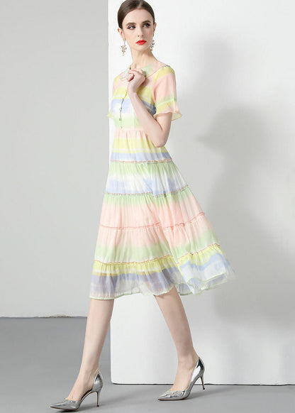 Women Rainbow Ruffled Button Patchwork Chiffon Dresses Summer LY7381 - fabuloryshop