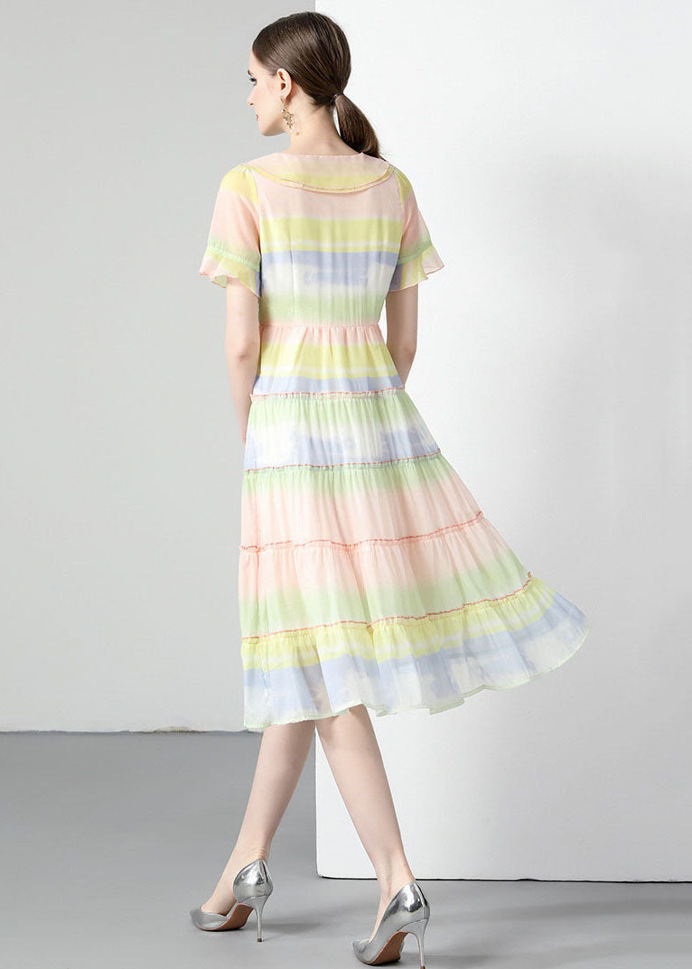 Women Rainbow Ruffled Button Patchwork Chiffon Dresses Summer LY7381 - fabuloryshop