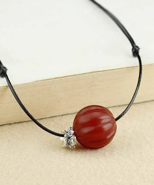 Women Red Agate Pumpkin Shaped Frosted Pendant Necklace Ada Fashion