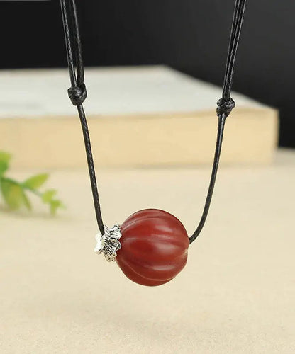 Women Red Agate Pumpkin Shaped Frosted Pendant Necklace Ada Fashion