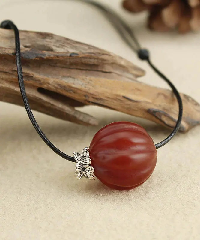 Women Red Agate Pumpkin Shaped Frosted Pendant Necklace Ada Fashion