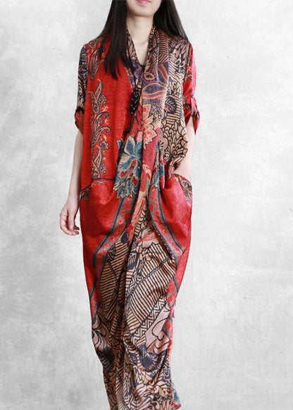 Women Red Asymmetrical Pockets Print Patchwork Silk Long Dress Summer LY5157 - fabuloryshop