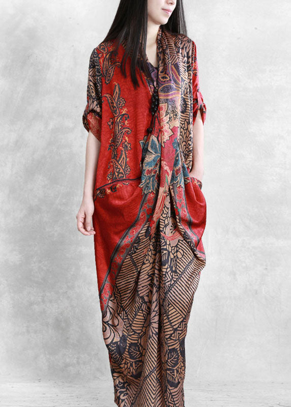 Women Red Asymmetrical Pockets Print Patchwork Silk Long Dress Summer LY5157 - fabuloryshop